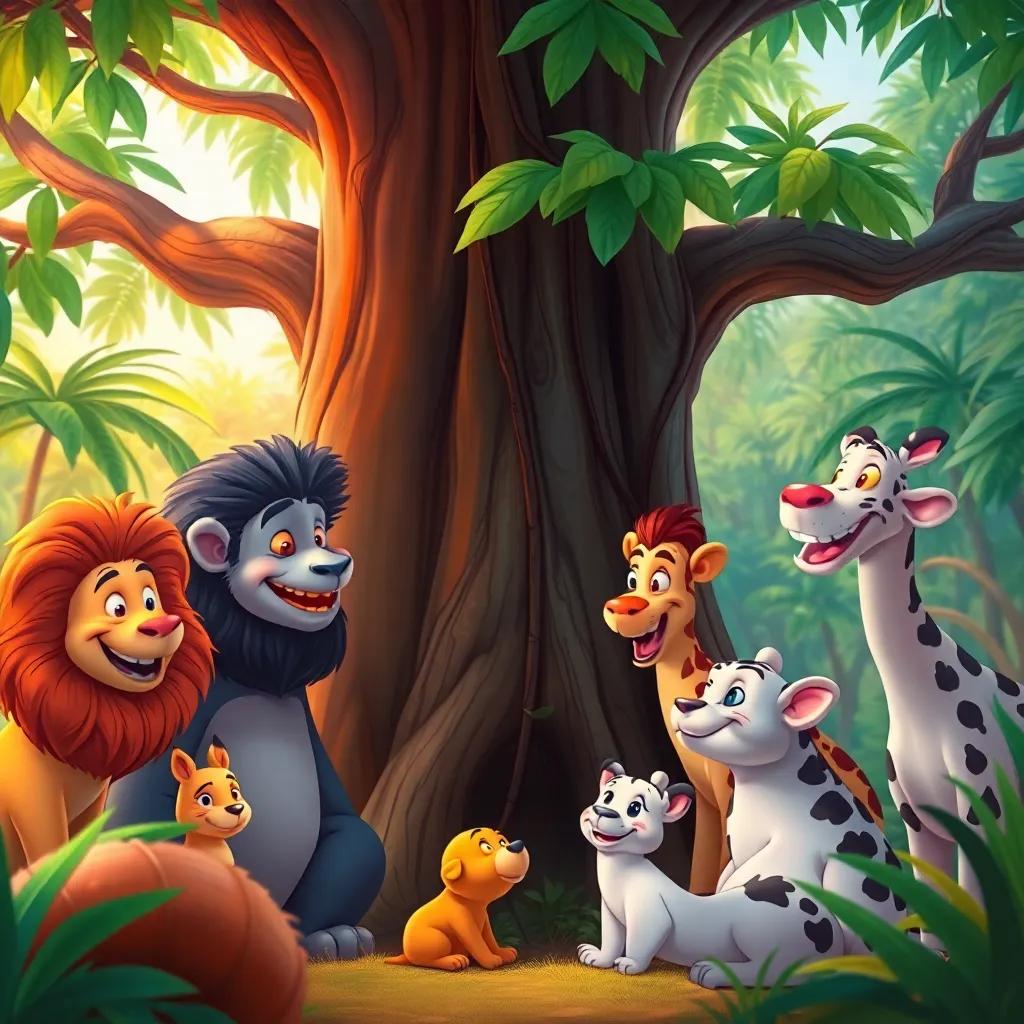 Animals observing each other and sharing knowledge, under a big tree in the jungle, smiling, in harmony, colorful background, vibrant scene, cheerful atmosphere, digital painting