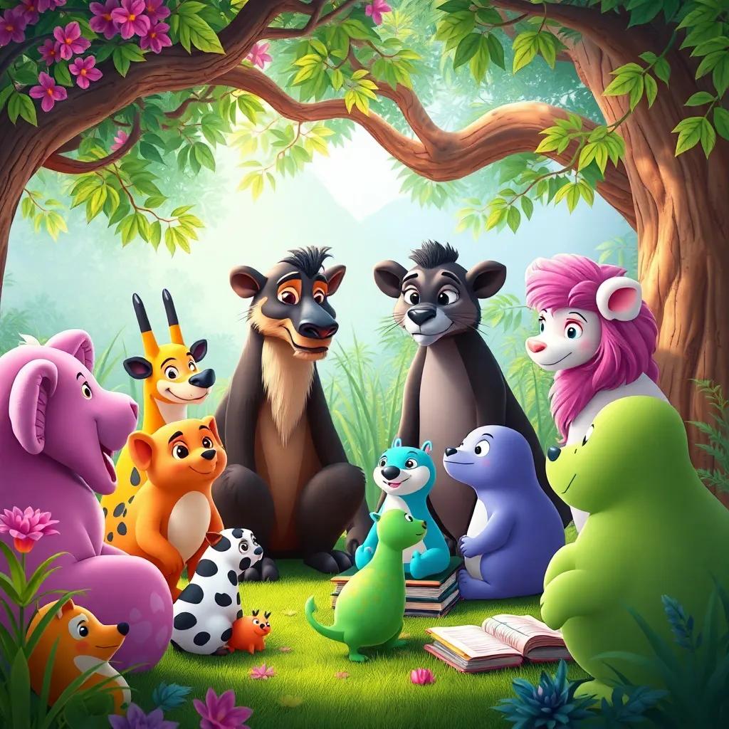 Learning environment with animals discussing their adaptations together, surrounded by nature, colorful, each animal showing its features, harmonious composition, vibrant colors, lively atmosphere
