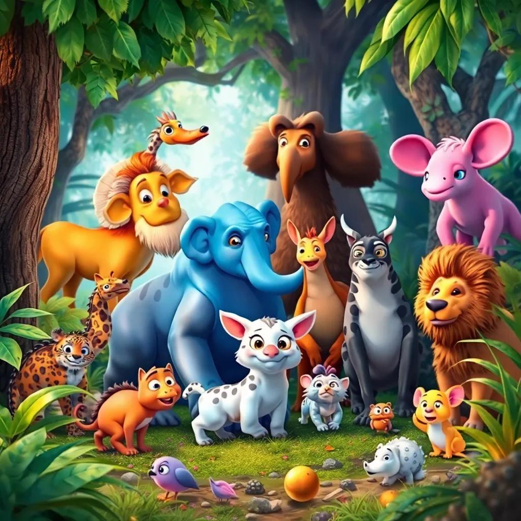 Animals coexisting in the jungle, diverse creatures representing adaptation, a vibrant and harmonious background, showcasing variety, digital art, fantasy, child-friendly