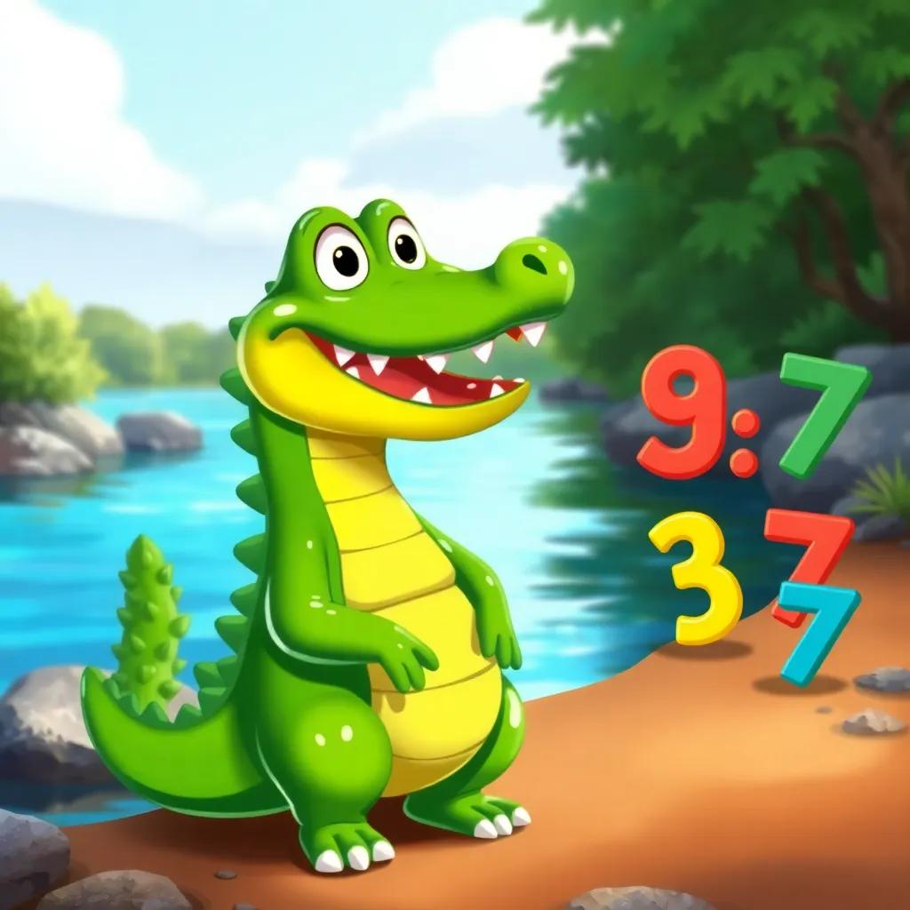 A crocodile named Tamo, with shiny green skin and a big smile, standing by a river, looking at numbers 9, 3, and 7 on the shore, colorful, children's book illustration, vibrant, whimsical, happy atmosphere