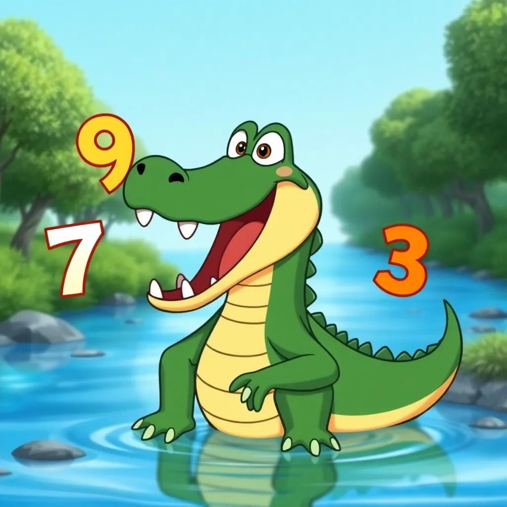 Tamo the crocodile with a wide open mouth, gazing at the number 9, with the number 7 to its left and number 3 to its right, playful setting with trees and a bright blue river, smooth lines, cheerful colors, engaging composition