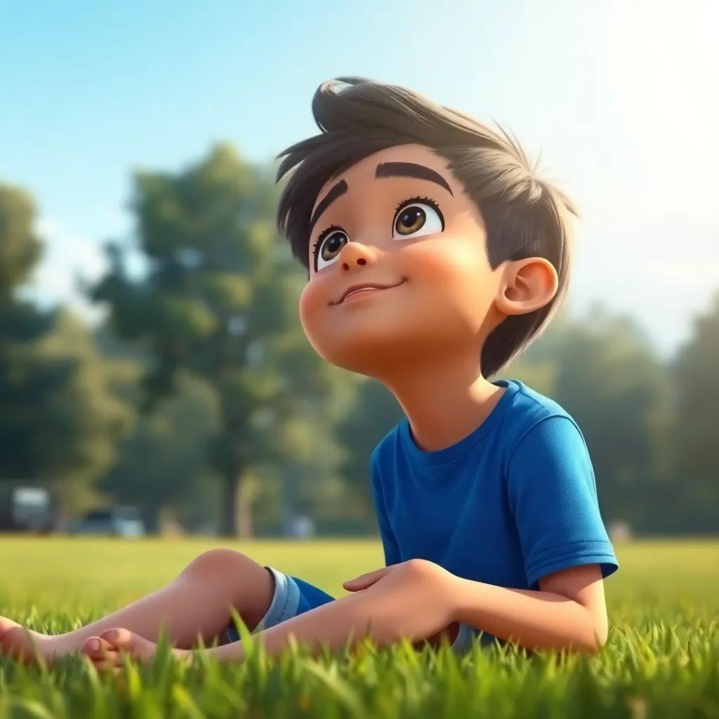 A young Arabic boy, Tamim, with short dark hair wearing a blue t-shirt and shorts, sitting on the grass in a park, looking up at a clear sky with dreams in his eyes, digital art, bright colors, hopeful atmosphere, high quality