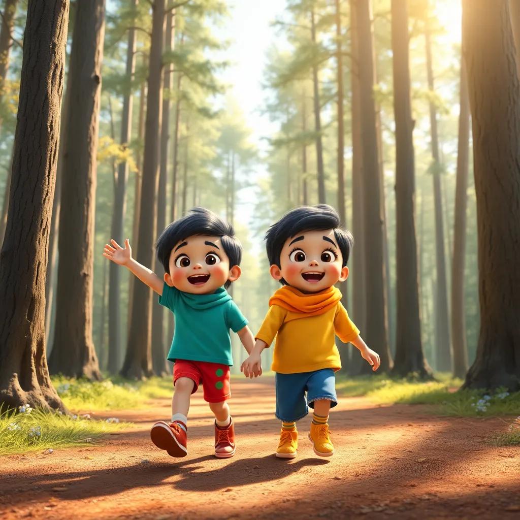 Two children, Tamim and Ranim, excitedly walking in a sunny forest with tall trees, wearing colorful clothes, looking happy and curious, digital art, vibrant colors, inviting atmosphere, high quality