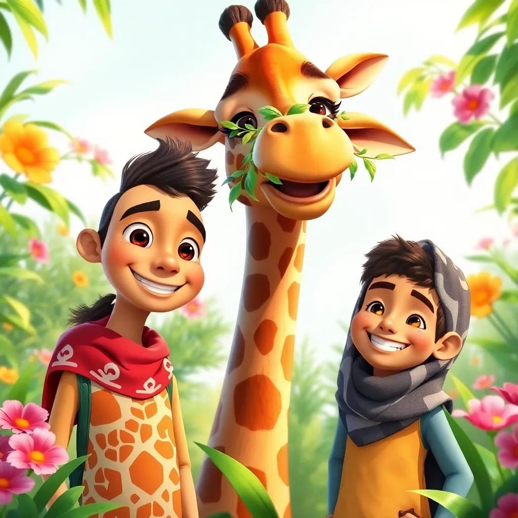 Tamim and Ranim, with smiles on their faces, standing next to a tall giraffe eating leaves, surrounded by lush greenery and colorful flowers, detailed illustration, bright and cheerful, adventure-themed, child-friendly