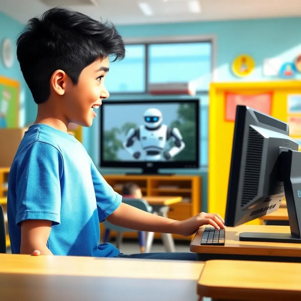 A young Arab boy, Tamim, with short black hair, wearing a blue t-shirt and jeans, excitedly watching a robot video on a computer in the classroom, colorful classroom decor, bright sunlight streaming in, cheerful atmosphere, digital art, vibrant colors, inviting, high quality