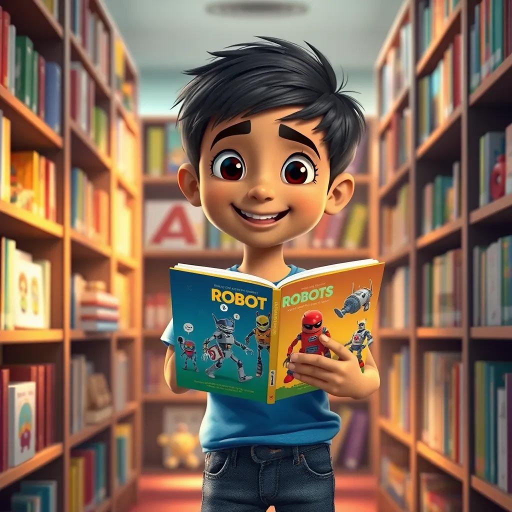 Tamim, a young Arab boy with short black hair, wearing a blue t-shirt and jeans, excitedly holding a colorful book about robots in the library, surrounded by shelves filled with books and toys, warm light, cozy atmosphere, friendly, detailed illustration, high quality