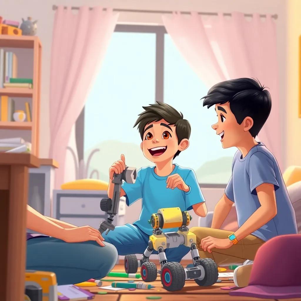Tamim, a young Arab boy with short black hair, wearing a blue t-shirt and jeans, joyfully talking to his friends at his house while building a robot, laughter and smiles, colorful materials scattered around, warm light, joyful atmosphere, detailed illustration, high quality