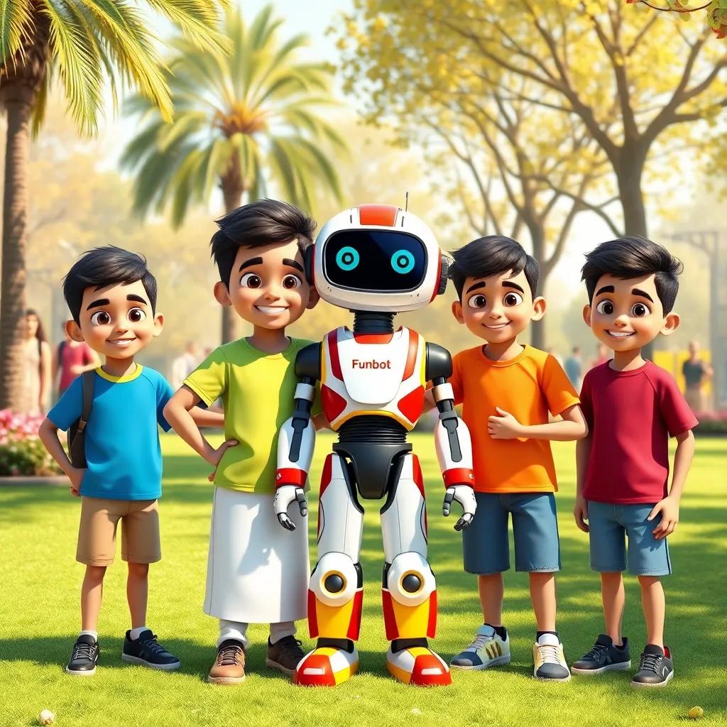 Tamim and his friends, young Arab children, wearing colorful t-shirts, standing proudly next to their robot, named 'Funbot', in a sunny park, everyone smiling and celebrating, vibrant colors, lively scene, cheerful, high quality