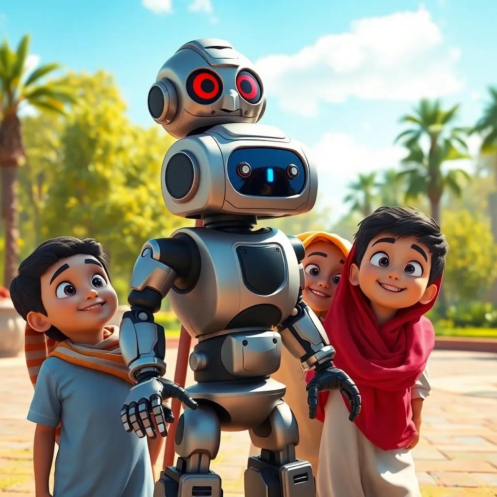 Tamim and his friends, young Arab children, looking astonished as their robot moves and dances, colorful park background, smiles and excitement on their faces, bright sunny day, magical atmosphere, detailed digital art, high quality