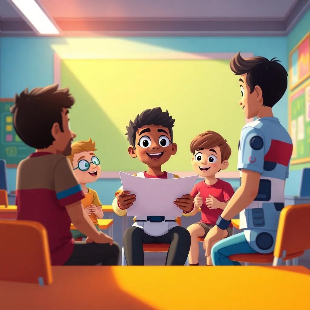 Tamim asking his friends to help teach the class about robots, excitedly discussing plans in their colorful classroom, warm light, enthusiasm in the air, friendly scene, detailed illustration, high quality