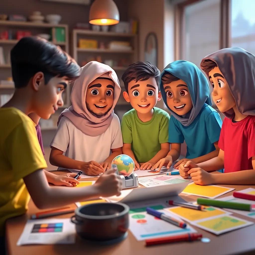 Tamim and his friends, young Arab children with different colored t-shirts, brainstorming ideas together for a new robot in a friendly environment, colorful papers and tools spread out, warm atmosphere, creative teamwork, digital art, high quality