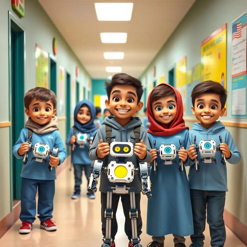Tamim and his friends, young Arab children, proudly showing off their completed robot projects in the school hallway, everyone smiling and posing with excitement, bright school decorations, cheerful atmosphere, vibrant colors, heartwarming, high quality