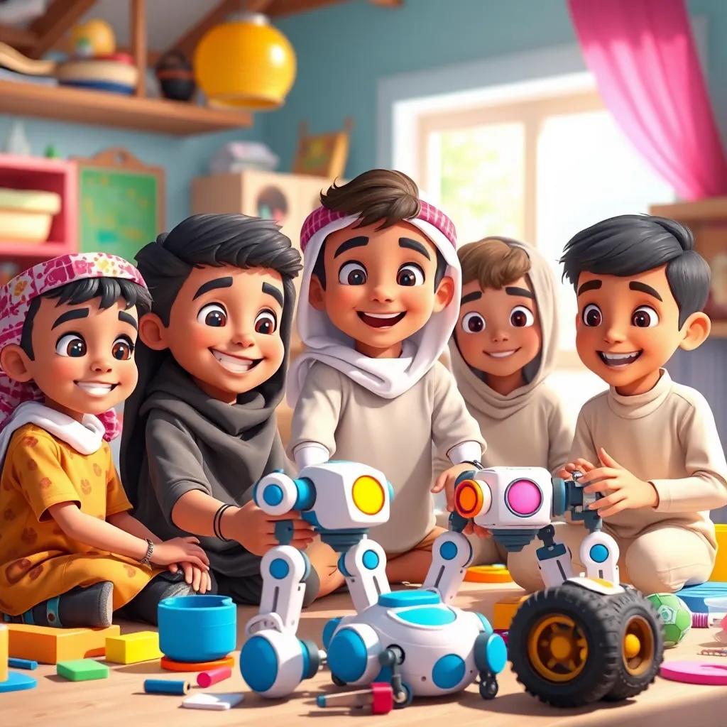 A group of young Arab children, Tamim and his friends, happily building robots together in a fun environment with colorful materials, creative and joyful scene, bright natural light, vibrant atmosphere, detailed illustration, high quality