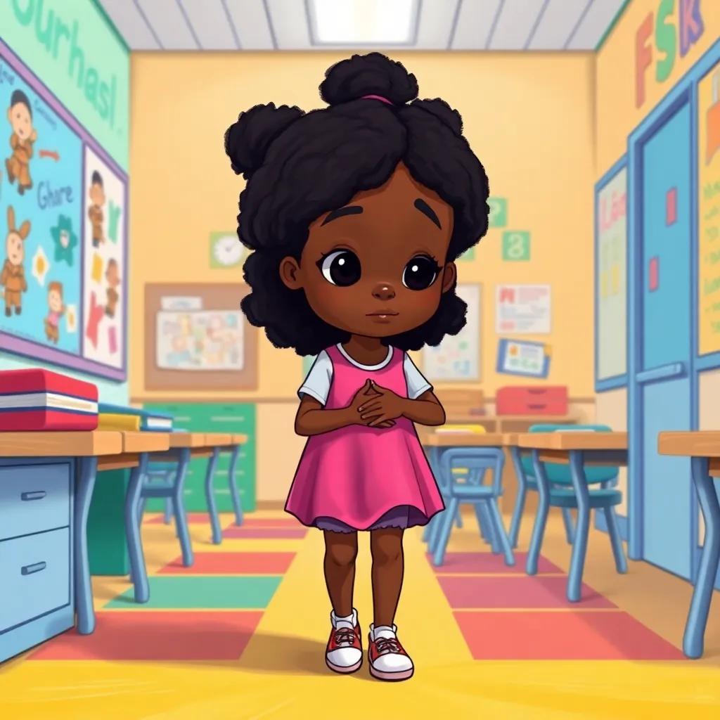 A shy, dark-skinned girl named Sura, walking alone in a colorful classroom with drawings on the walls, holding her stomach sadly, digital art, bright colors, inviting atmosphere, high quality