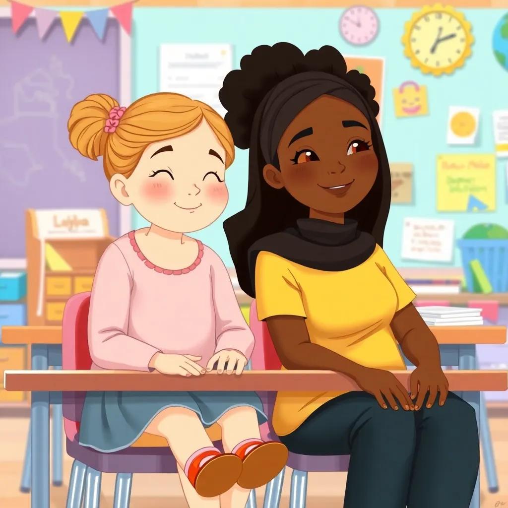 A kind, light-skinned girl named Layla sitting next to Sura in the classroom, both smiling softly at each other, surrounded by colorful classroom decorations, illustration, cheerful, heartwarming, high quality