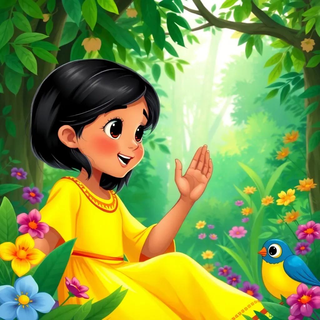 A young Arab girl, Tanowu, with shiny black hair wearing a bright yellow dress, excitedly talking to her friends in a lush green forest, vibrant flora surrounding them, digital art, colorful, cheerful atmosphere, high quality