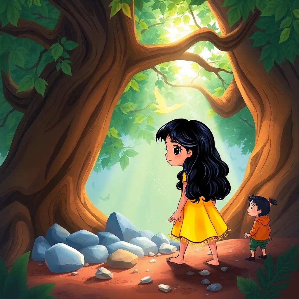 Tanowu, a young Arab girl with shiny black hair in a bright yellow dress, discovering a huge tree with shiny stones underneath, her friends Mrouane and Sama nearby, exploring the hidden treasures, magical light filtering through the leaves, fantasy setting, rich colors, enchanting view, high quality