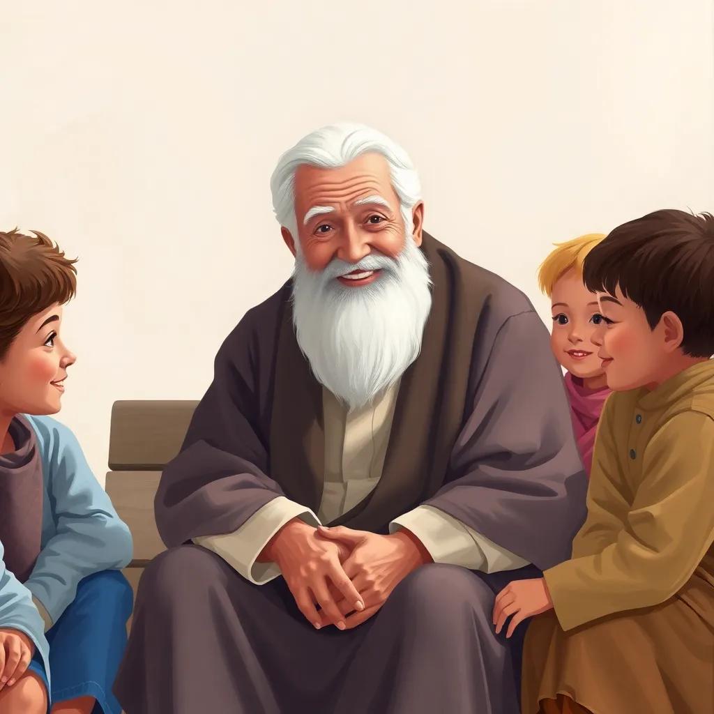 A grandfather with white hair and a kind smile, wearing a traditional thawb, sitting on a bench with kids around him, sharing wisdom with a warm light, illustration, cheerful, community vibe, high quality