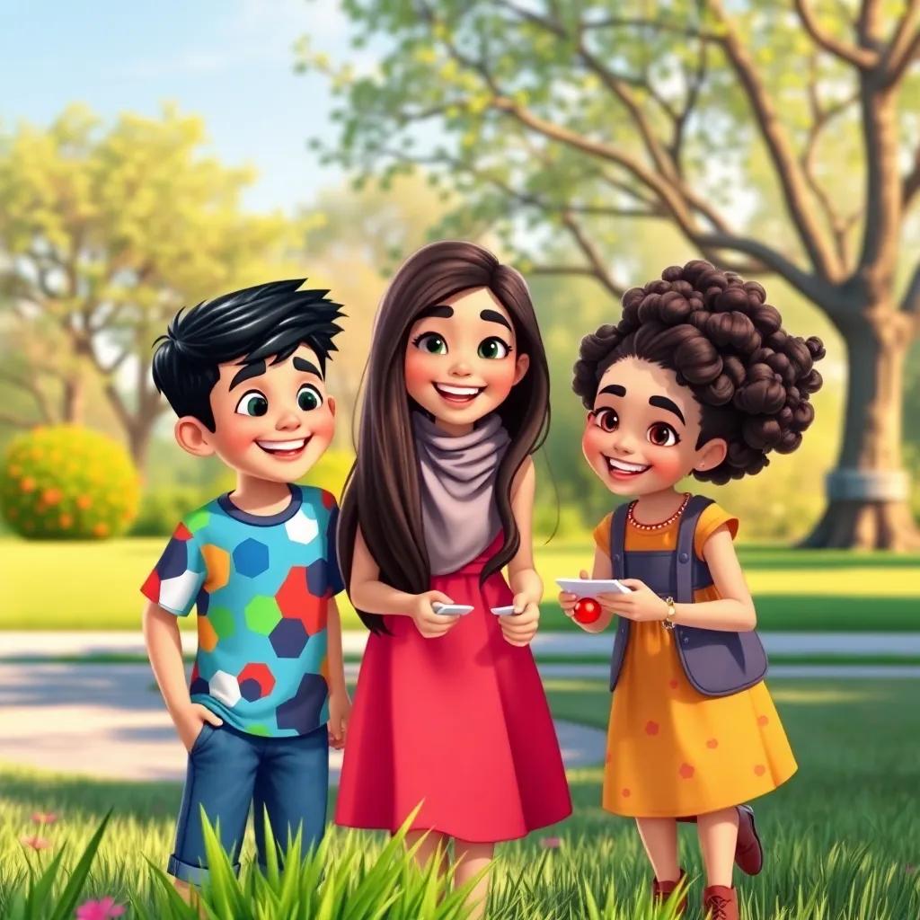 A sunny park scene with three friends, Salim, a young Arab boy with short black hair in a colorful t-shirt, Noor, a young Arab girl with long dark hair wearing a bright dress, and Hala, a young Arab girl with curly hair in a playful outfit, celebrating friendship and playing a word game, vibrant colors, cheerful atmosphere, digital art, warm light, high quality