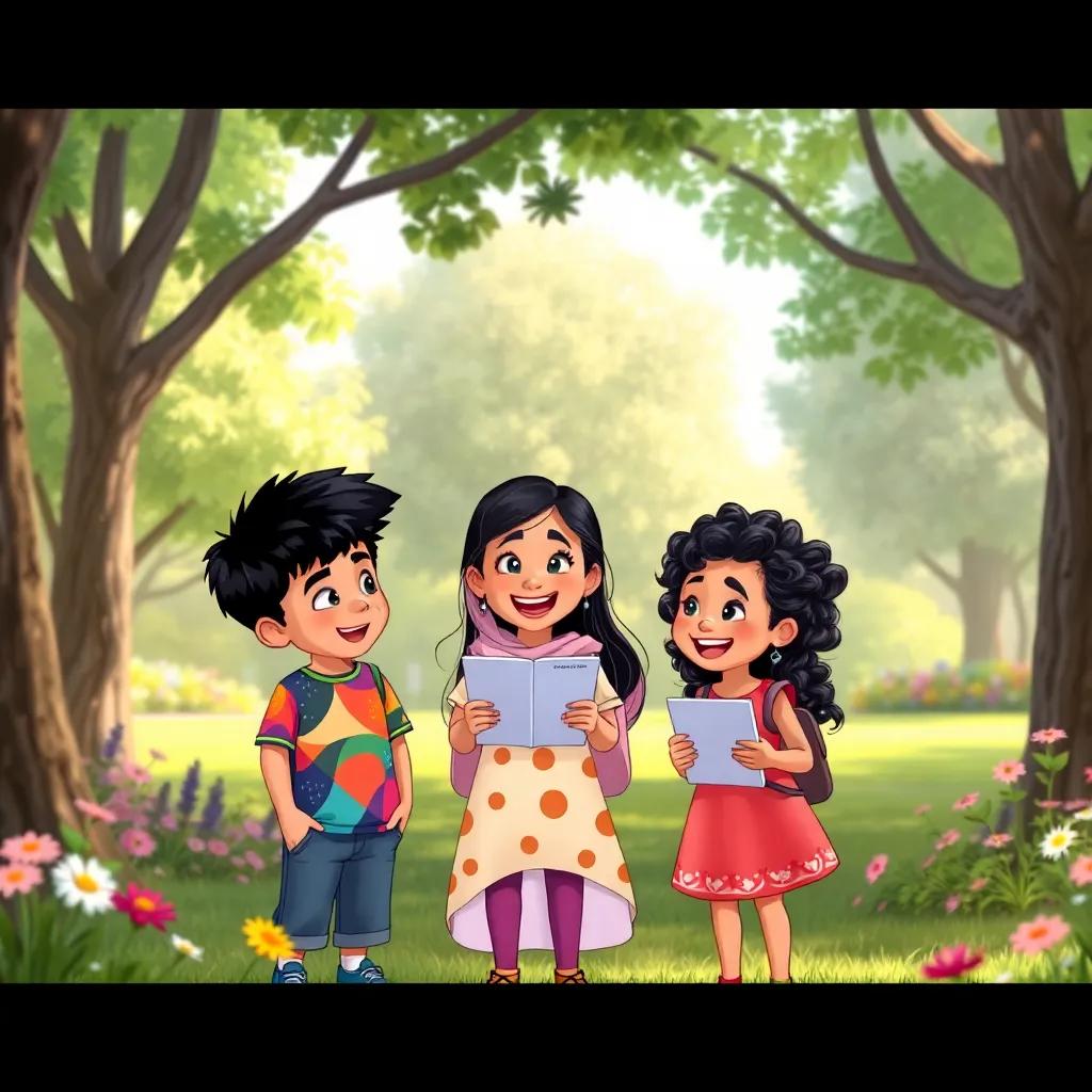 Salim, a young Arab boy with short black hair in a colorful t-shirt, Noor, a young Arab girl with long dark hair in a bright dress, and Hala, a young Arab girl with curly hair in a playful outfit, laughing and discussing new words in a park, surrounded by trees and flowers, joyful expression, illustration, lighthearted environment, high quality
