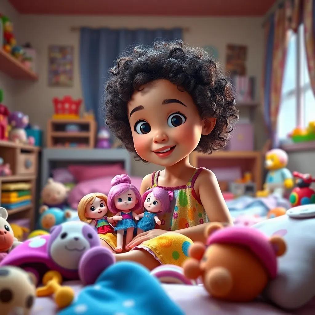 A beautiful young girl, Tota, with curly hair, wearing a colorful dress, playing with dolls in a cozy room filled with toys. The room is messy with clothes on the bed, vibrant atmosphere, cheerful lighting, child-friendly, bright colors, warm perspective, high quality