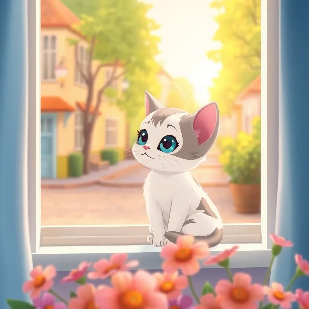 A small, beautiful white and grey kitten named Nana, sitting at the window looking out. The window shows a peaceful street outside, with flowers in the foreground, warm sunlight illuminating the scene, illustration, inviting atmosphere, vibrant colors, high quality, child-friendly