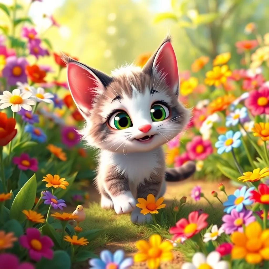 A small, playful cat named Toti, with bright green eyes and a fluffy coat, playing in a sunny garden filled with colorful flowers, digital art, cheerful, vibrant colors, lively atmosphere, high quality