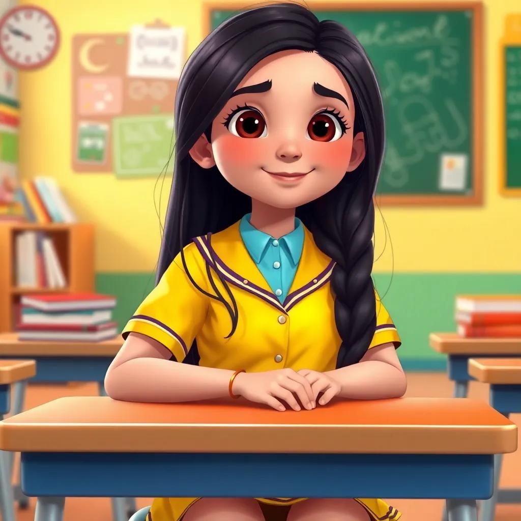 A young Arab girl, تولين, with long dark hair, wearing a bright school uniform, sitting at a desk in a colorful classroom with books and a chalkboard, digital art, vibrant colors, cheerful atmosphere, high quality