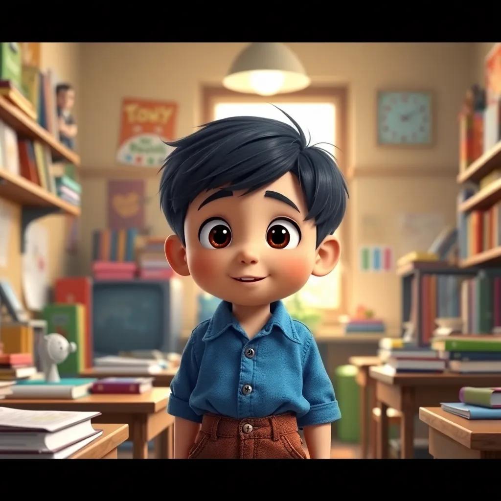 A young boy, Thomas, with short black hair and bright eyes, wearing a simple blue shirt and brown pants, eagerly asking questions in a cozy classroom full of books and learning materials, cheerful atmosphere, digital art, warm light, vibrant colors, engaging perspective, high quality