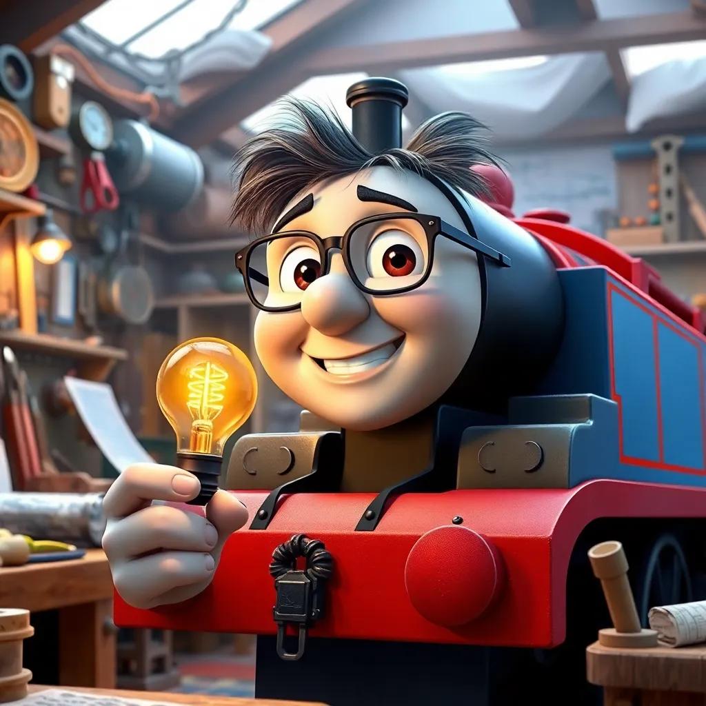 An older Thomas with glasses and messy hair, smiling while holding a light bulb, surrounded by his inventions in a workshop with tools and blueprints scattered around, showcasing his creativity and enthusiasm, bright and inspiring, detailed digital art, lively colors, dynamic perspective, high quality