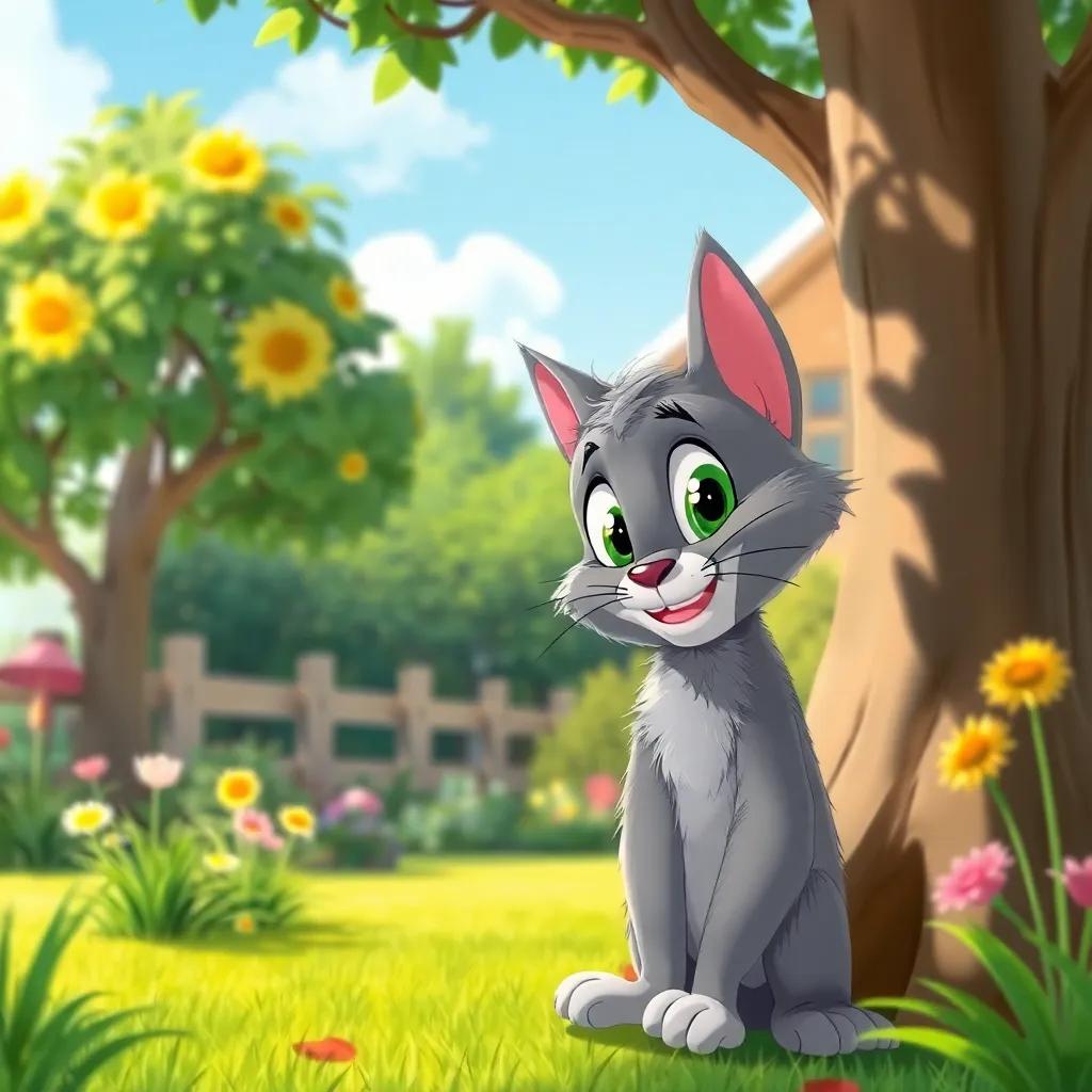 A sunny garden scene with Tom the cat, a cartoonish, fluffy gray cat with big green eyes and a mischievous smile, pondering under a tree, bright colors, joyful atmosphere, high quality