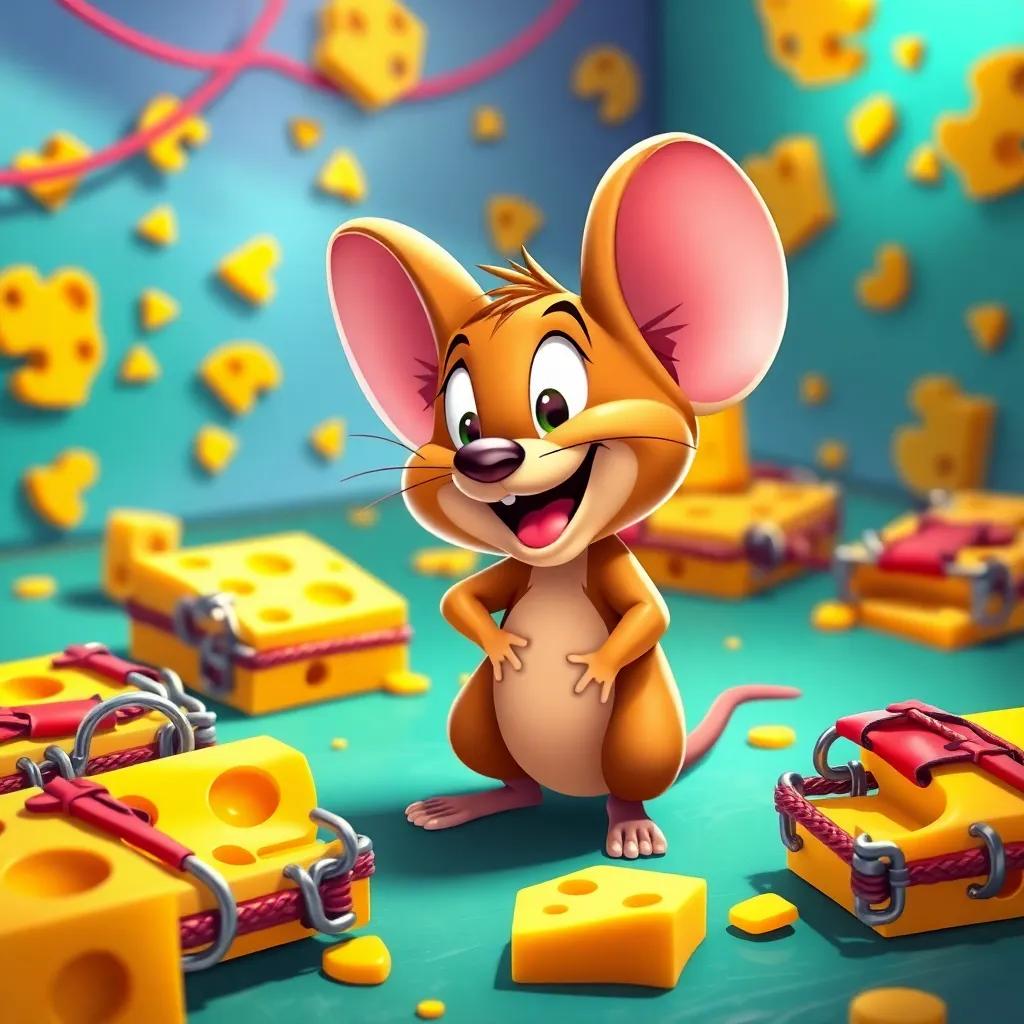 A colorful and lively scene featuring Jerry the mouse, a small brown mouse with big ears and a cheeky grin, surrounded by playful traps made of cheese, happy and playful vibe, cartoon style, vibrant colors, high quality