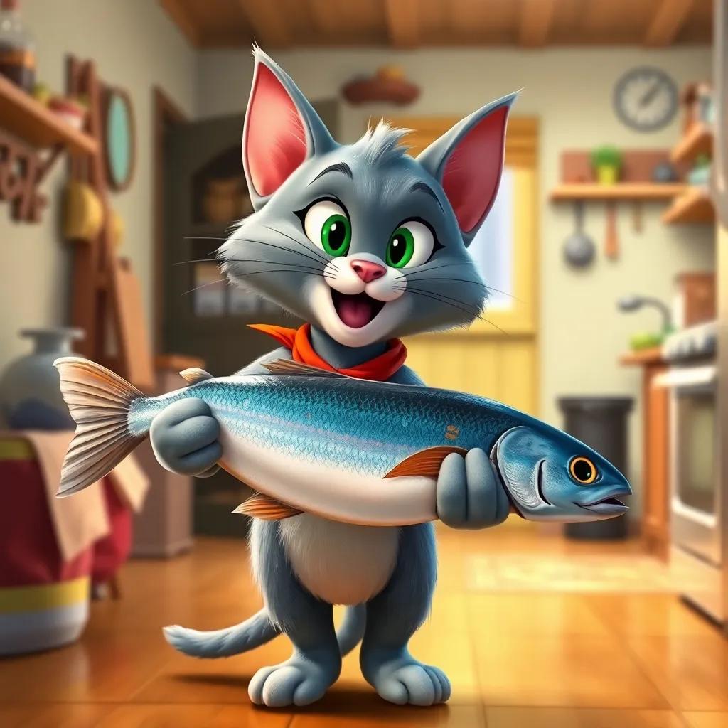 A determined cat, Tom with short blue fur and a red collar, holding a large fish proudly, standing on the way to the kitchen with a bright and cheerful atmosphere, vibrant colors, digital art, high quality