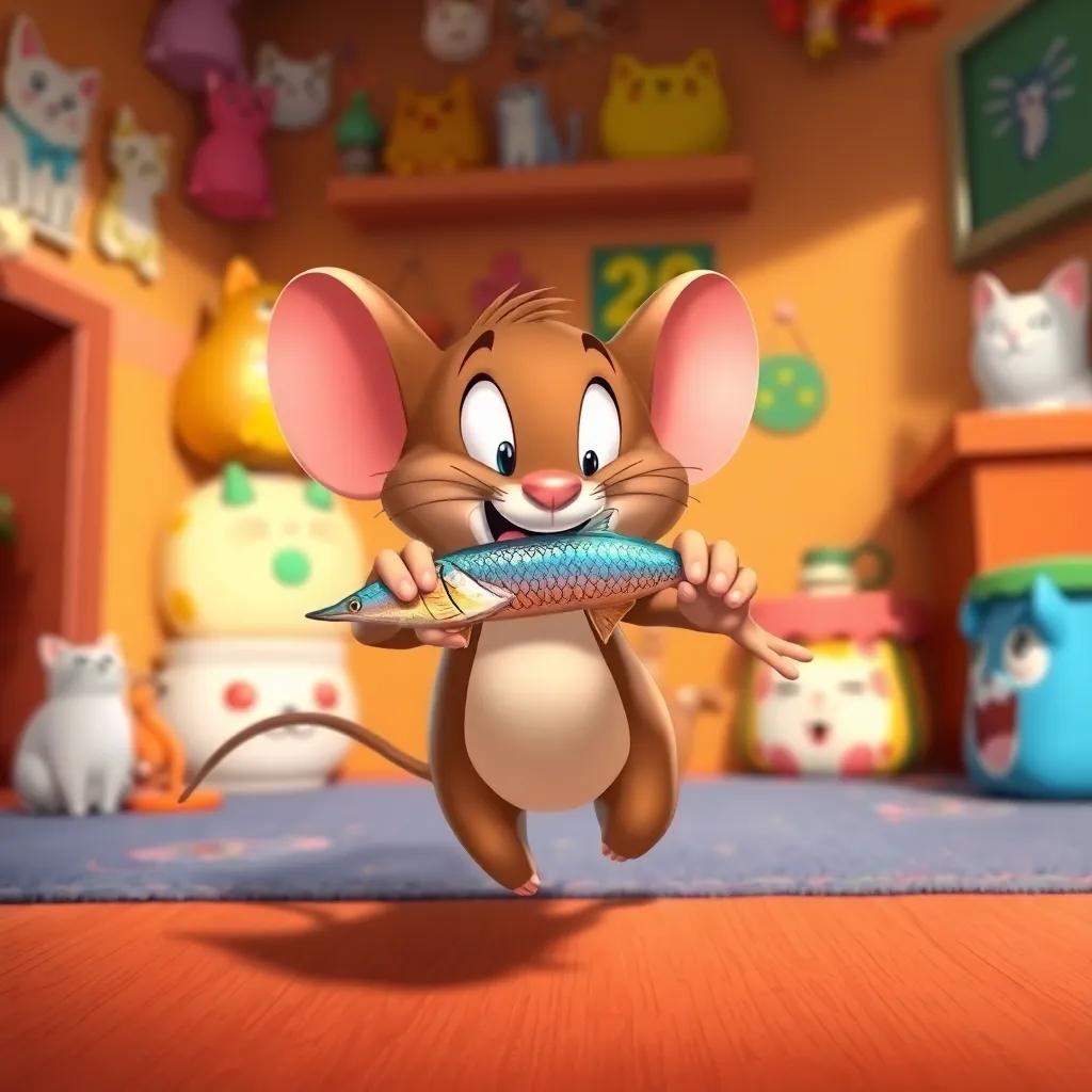 A clever mouse, Jerry, with small brown body and white belly, escaping with a small fish in its mouth, running through a room decorated with colorful cat-themed items, playful vibe, warm colors, vibrant detail, digital illustration