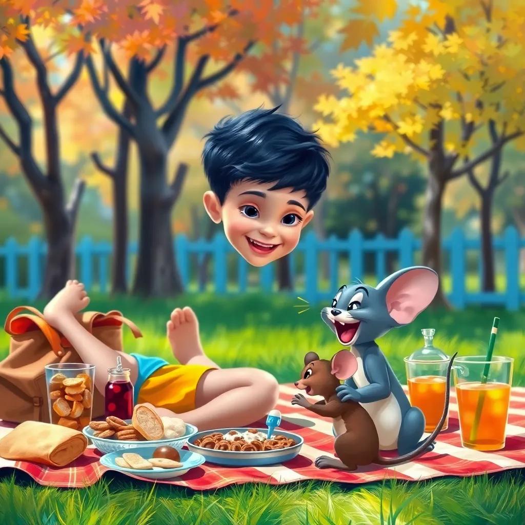 A cheerful scene in a colorful park with a young boy, Tom, with short black hair, wearing a bright t-shirt and shorts, playing with Jerry the mouse who is small and brown, surrounded by snacks and drinks on a picnic blanket, lively atmosphere, digital art, vibrant colors, child-friendly