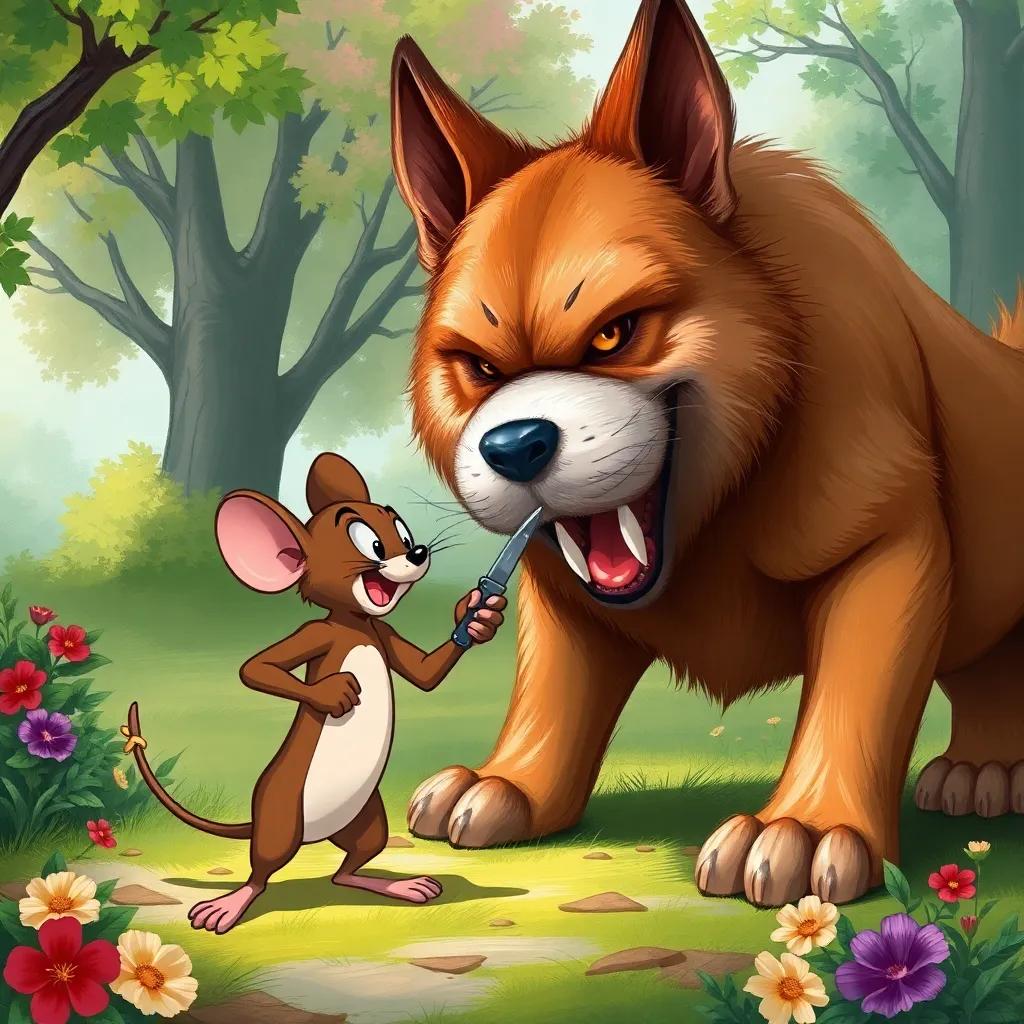 Jerry the mouse, small and brave, holding a small knife, standing heroically in front of a big, fierce dog in the park, with trees and flowers all around, illustrating a brave moment, digital illustration, colorful and engaging, upbeat mood
