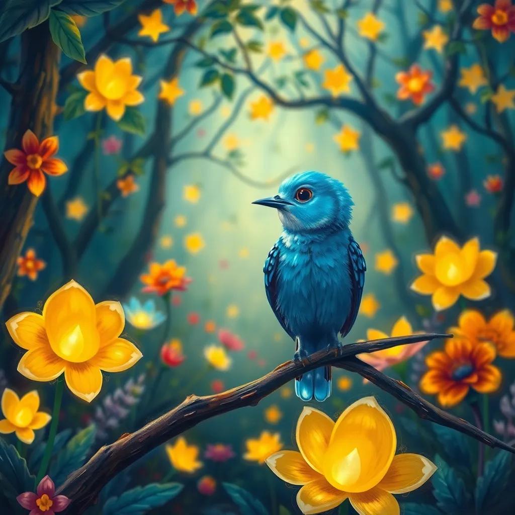 A quirky blue bird, perched on a branch, speaking to Tiart and her friends in the colorful forest, filled with magical flowers that glow in the dark, enchanting and whimsical style, warm light, vibrant colors, engaging scene, high quality