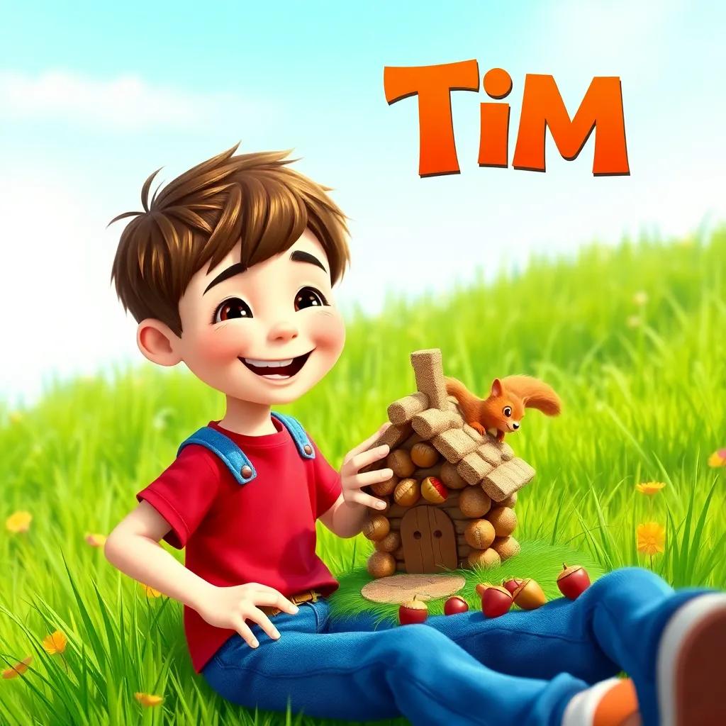 Tim, a cheerful boy with short brown hair, wearing a red t-shirt and blue jeans, excitedly working with a little squirrel, building a cute little house made of acorns, surrounded by green grass and bright blue skies, colorful, imaginative scene, cheerful ambiance, high quality