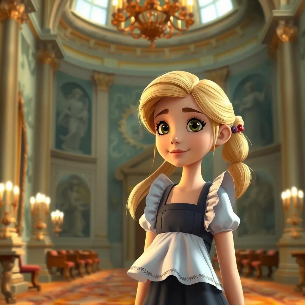 A beautiful girl, Tena, with blonde hair and fair skin, in a grand Italian palace, dressed in a simple maid outfit, looking hopeful while talking to her sister, Louna, digital art, warm colors, inviting atmosphere, high quality