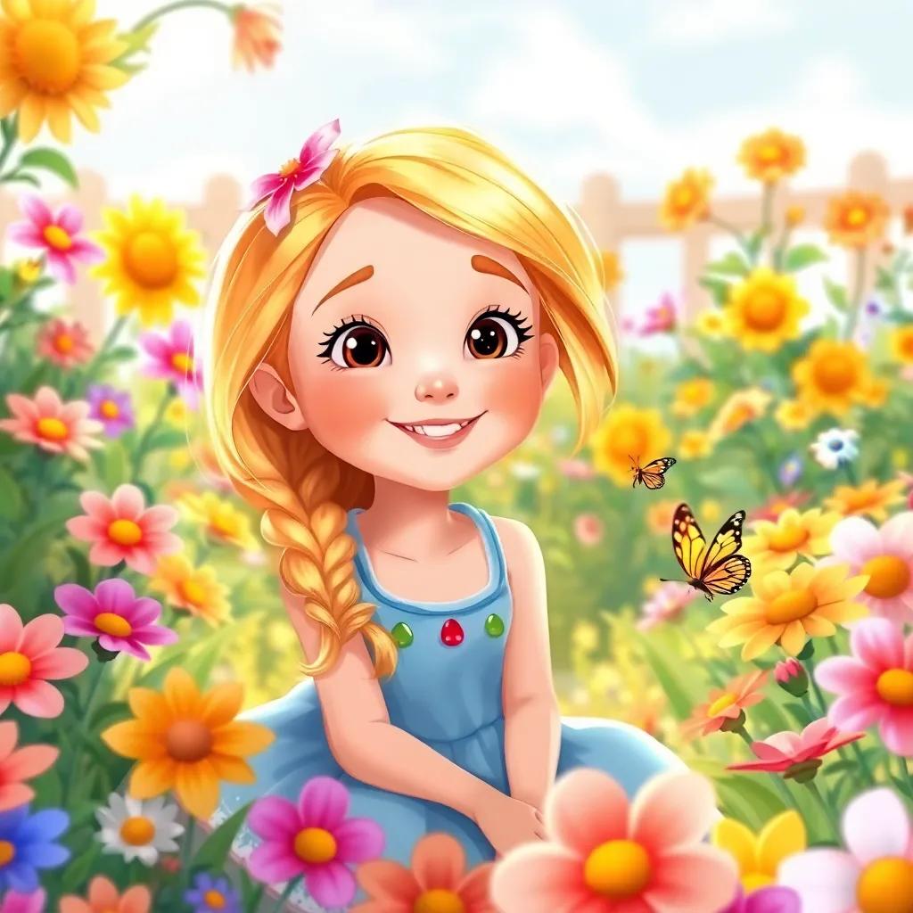 Tena, a beautiful girl with blonde hair and fair skin, playing in a colorful garden filled with flowers, smiling, with a small butterfly nearby, illustration, cheerful, vibrant colors, child-friendly atmosphere, high quality