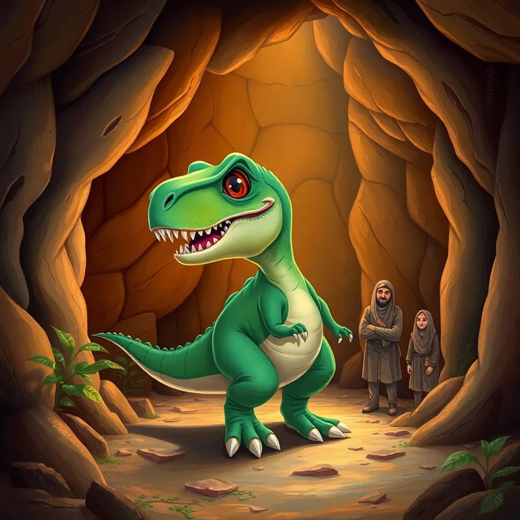 A small T-Rex dinosaur, standing bravely outside a large cave, with its parents, Shaima and Ahmed, watching with pride, surrounded by a secret maze, colorful, inviting atmosphere, illustration, warm colors, high quality