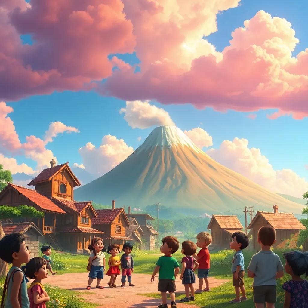 A beautiful village with a volcano in the background, children gathered around talking excitedly, colorful clouds, cheerful atmosphere, bright sunlight, digital art, vibrant colors, inviting scene, detailed