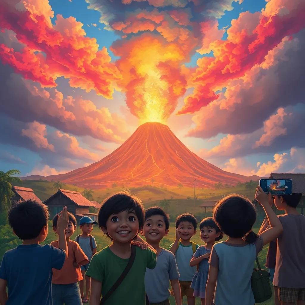 A volcano erupting with colored ash filling the sky, villagers watching in awe, children smiling and taking pictures, lively atmosphere, high-quality digital painting, bright colors, dynamic perspective