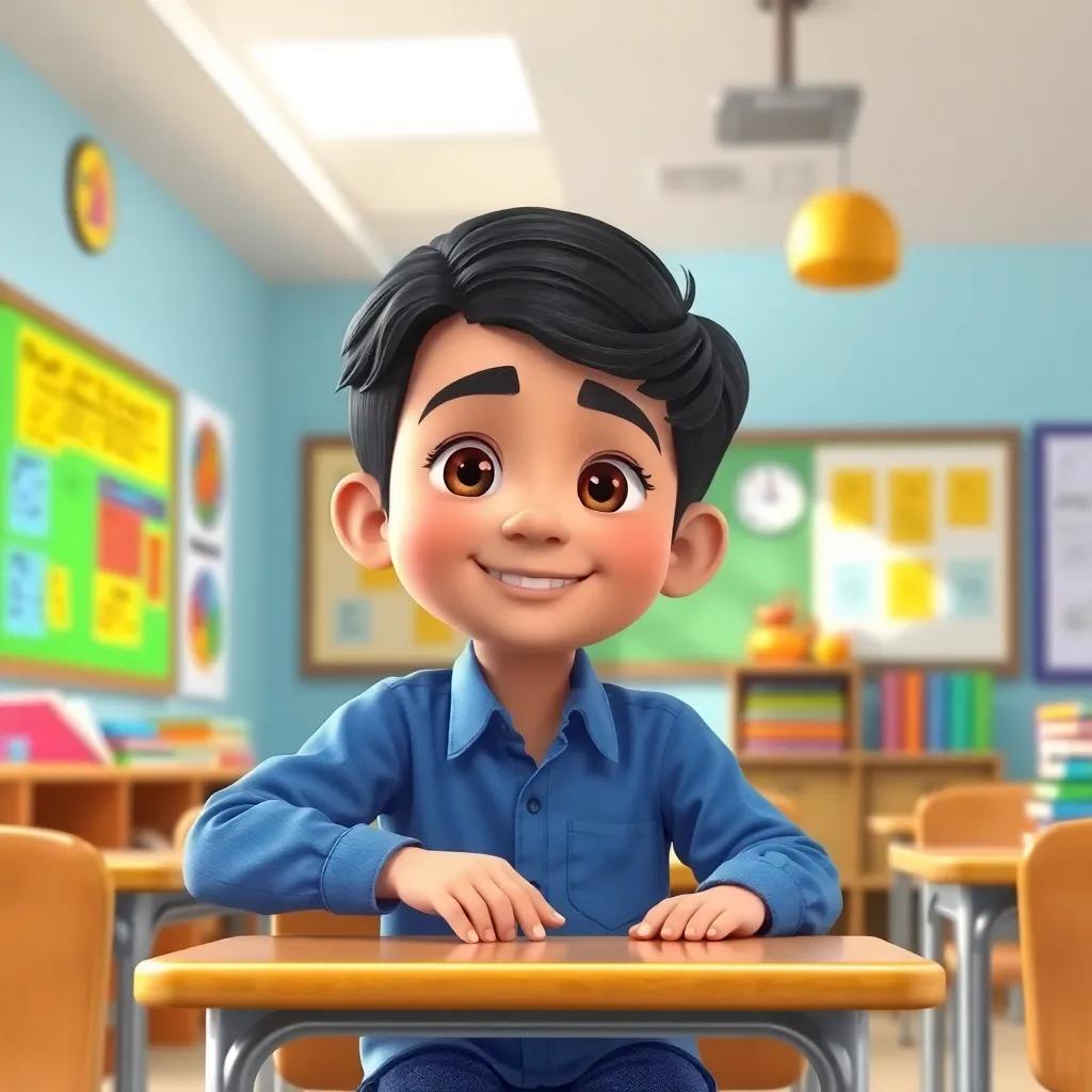 A young Arab boy, Thamer, with short black hair, wearing a blue shirt and jeans, sitting at a desk in a bright classroom with colorful charts and books, cheerful atmosphere, engaging learning environment
