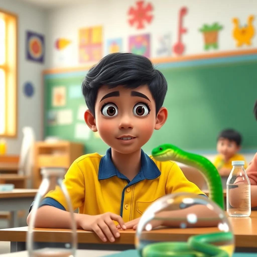 Thamer, a young Arab boy with short black hair, in a bright shirt, sitting with a friend in a science class, looking at a picture of a green snake, curiosity on his face, colorful classroom, educational and lively setting