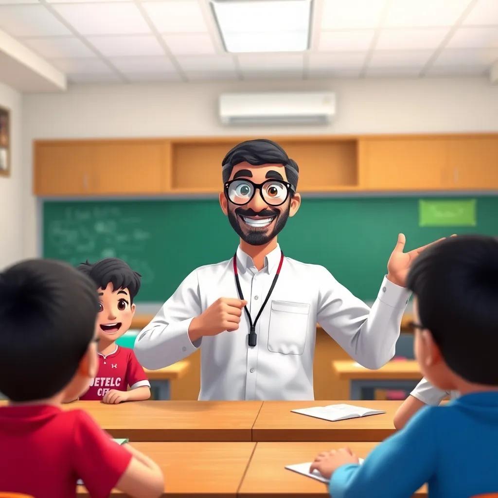 A classroom scene with an Arab teacher, Mr. Thabit, with glasses and a friendly smile, announcing a marathon competition to excited young students, vibrant and energetic atmosphere, engaging education
