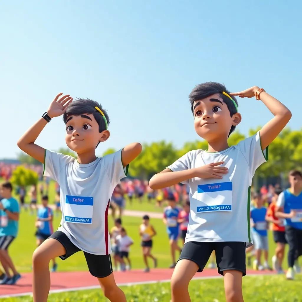 Thamer and his friend Othman, both young Arab boys, wearing sports gear, stretching before a marathon in an open park, sunny day, lots of participants in colorful clothes, anticipation and excitement in the air