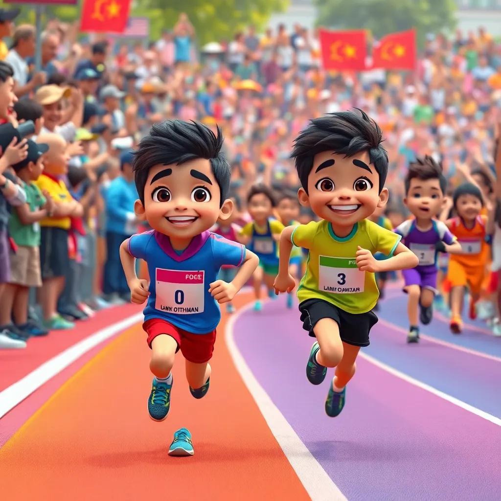 A scene of Thamer and Othman running in a marathon alongside other children, colorful running tracks, cheering crowd, joy and determination on their faces, lively and energetic