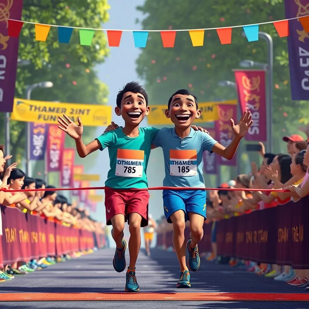 Thamer and Othman happily crossing the finish line together in a marathon, surrounded by cheering families and friends, colorful banners, festive atmosphere filled with excitement, victory moment