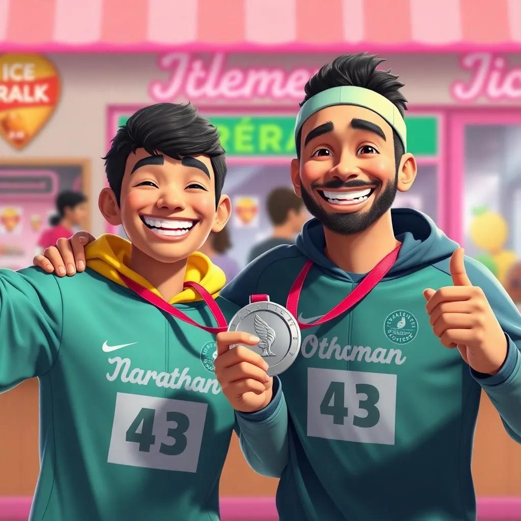 Thamer and Othman celebrating their marathon win with big smiles, holding a silver medal, ice cream shop backdrop with bright colors, happiness radiating from them, joyful and celebratory